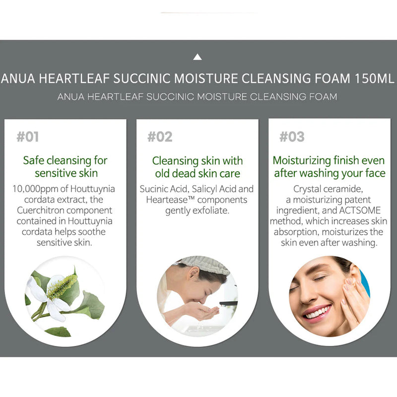 ANUA Heartleaf + Succinic Acid Moisture Cleansing Foam 150ml, 1pc